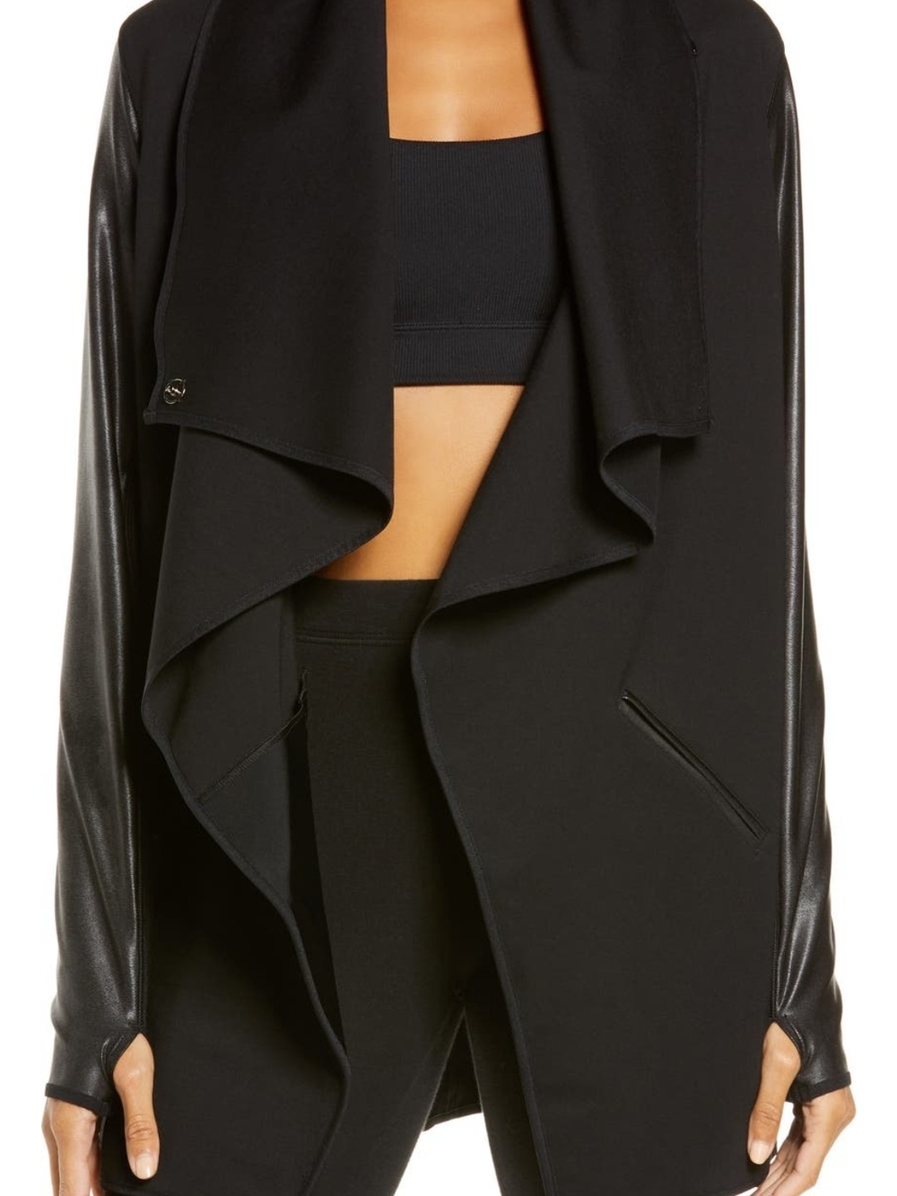 Spanx Black Open-Front Draped Jacket with Faux-Leather Sleeves